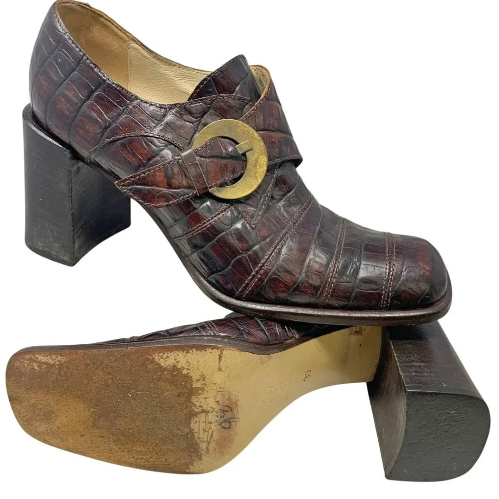 IXOS Reptile Embossed Italian Leather Monk Strap Chunky Heels‎